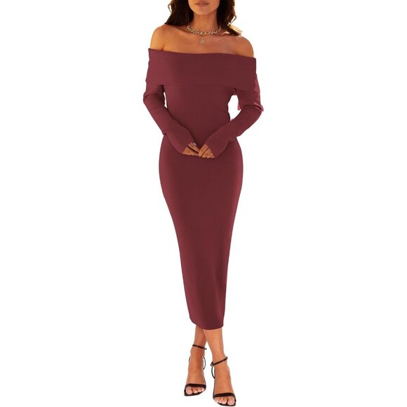Merokeety Women's Burgundy Off Shoulder Long Sleeve Elegant Bodycon Midi Dress - Picture 3 of 9